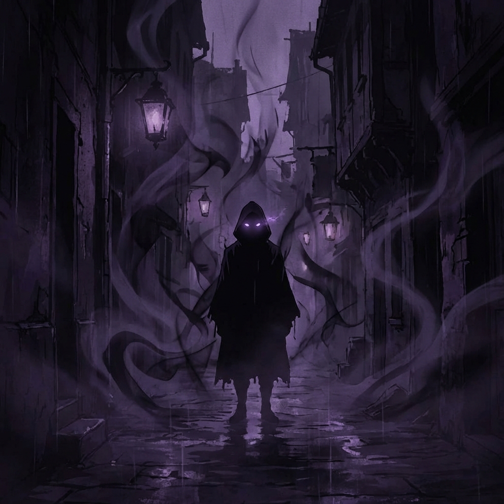 Dark hooded figure in a mysterious alley with glowing purple eyes