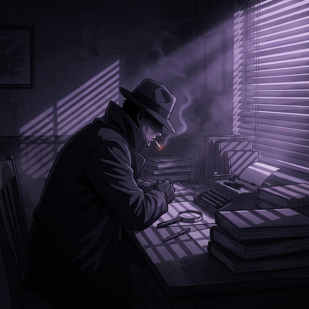 Noir detective sitting at desk with dramatic lighting