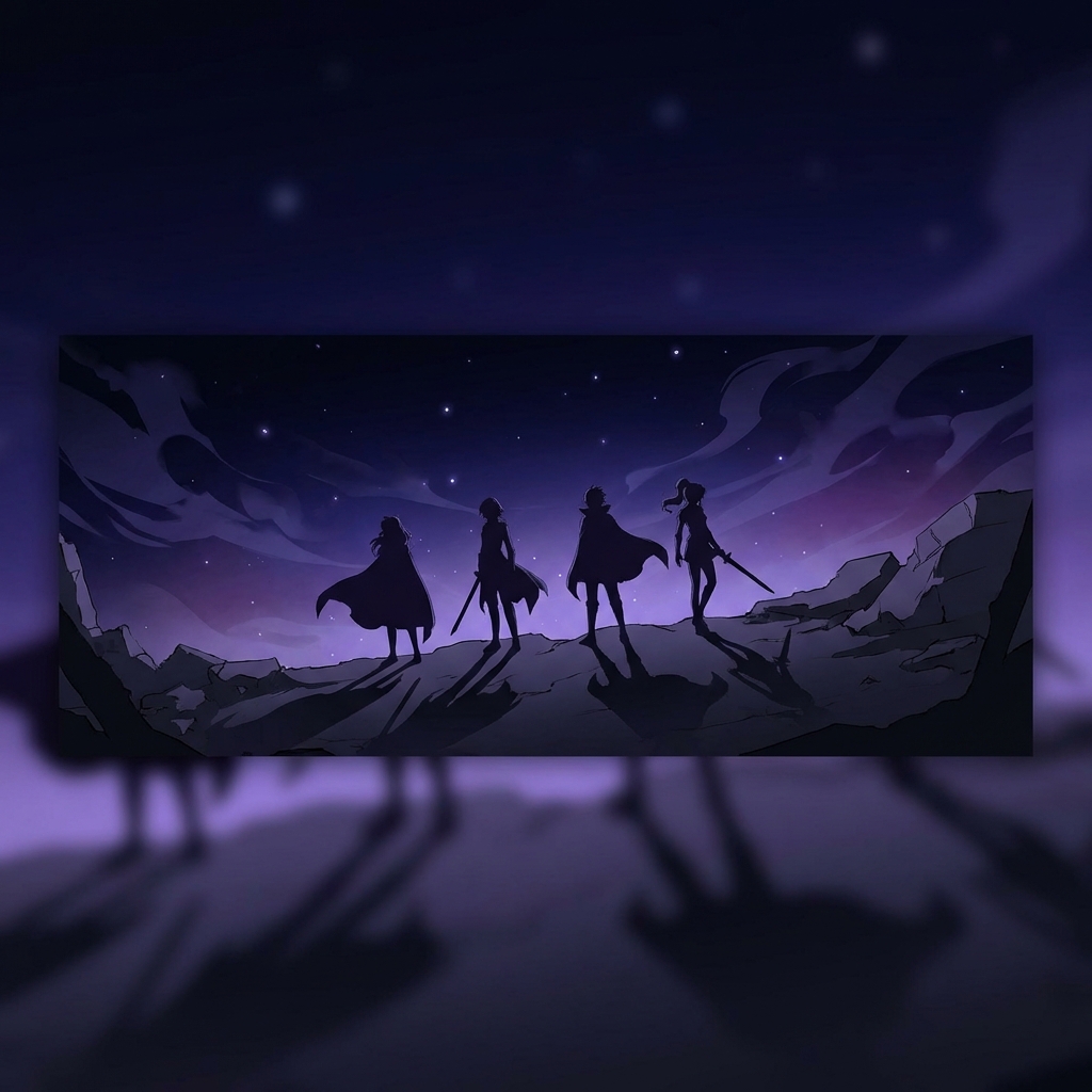 Dark anime silhouettes against a starry purple sky