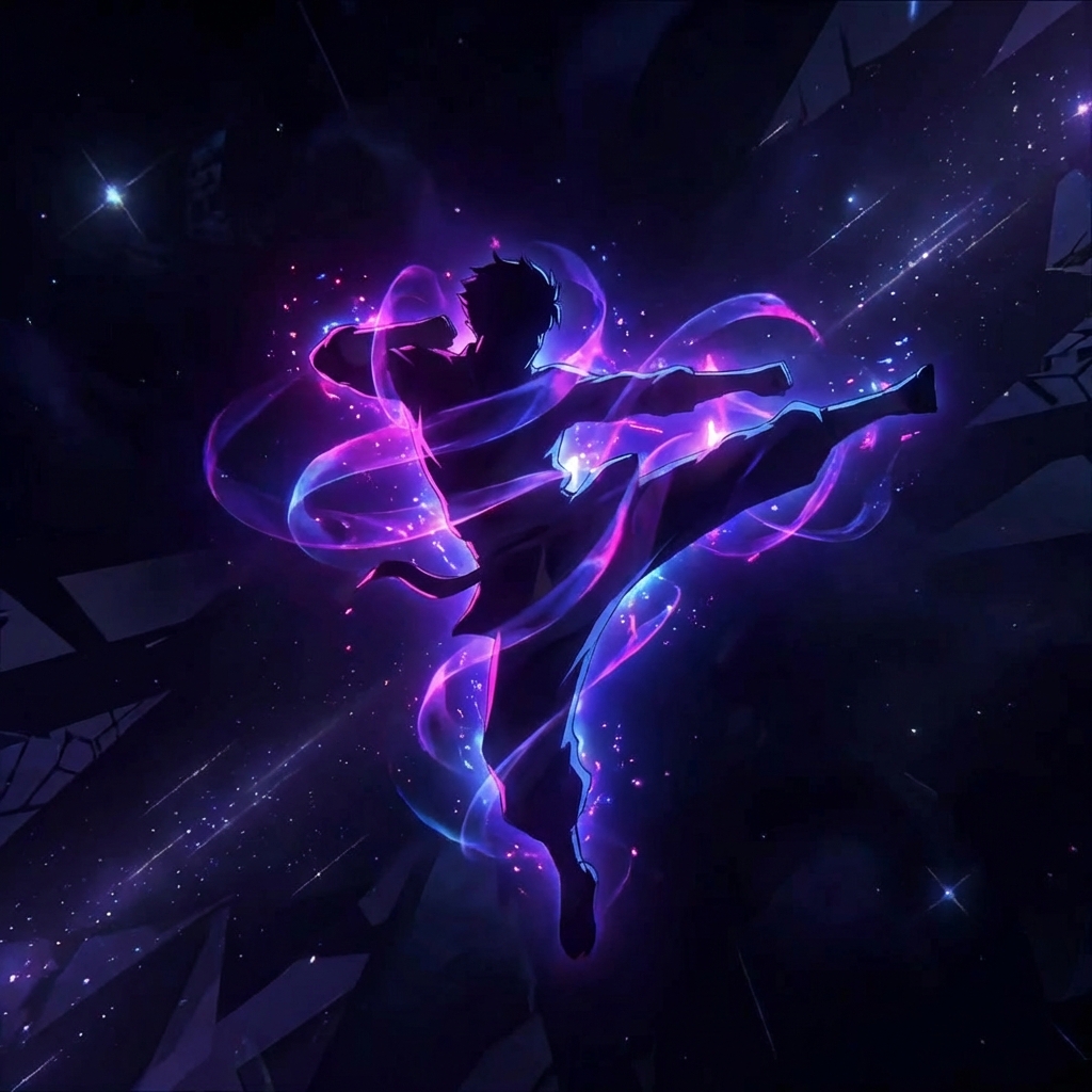 Dynamic anime character with purple energy aura